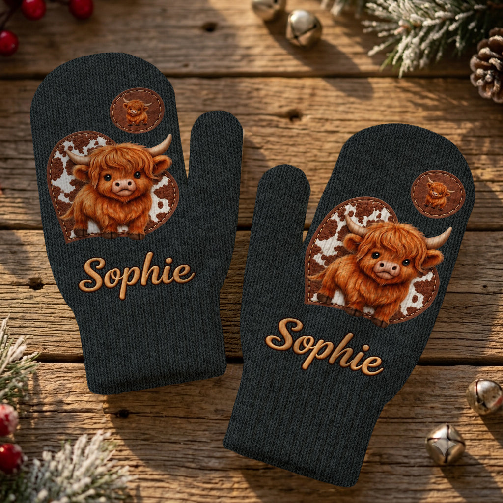 Cute Highland Cow - Personalized Highland Cow Beanie Hat & Knitted Mittens