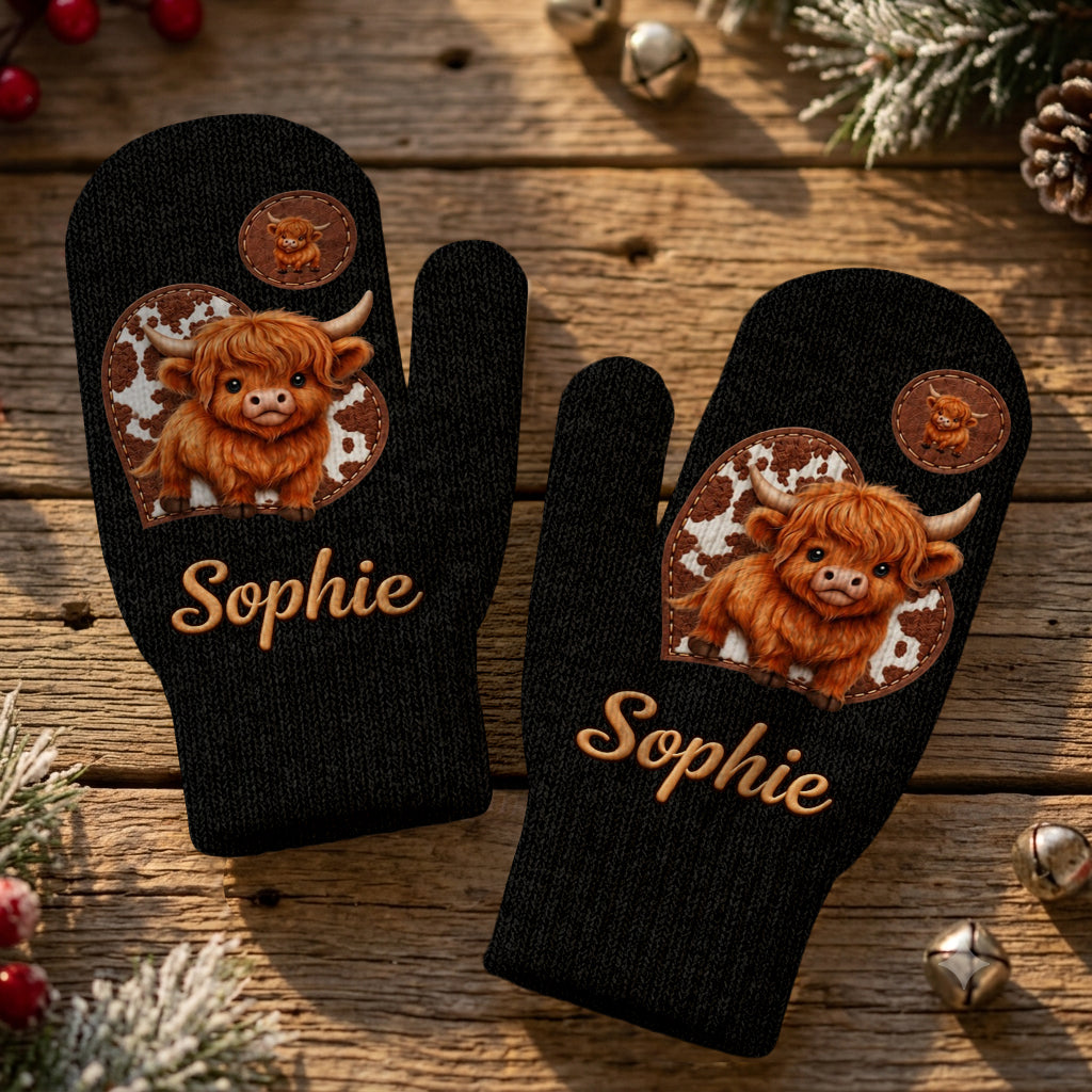 Cute Highland Cow - Personalized Highland Cow Beanie Hat & Knitted Mittens