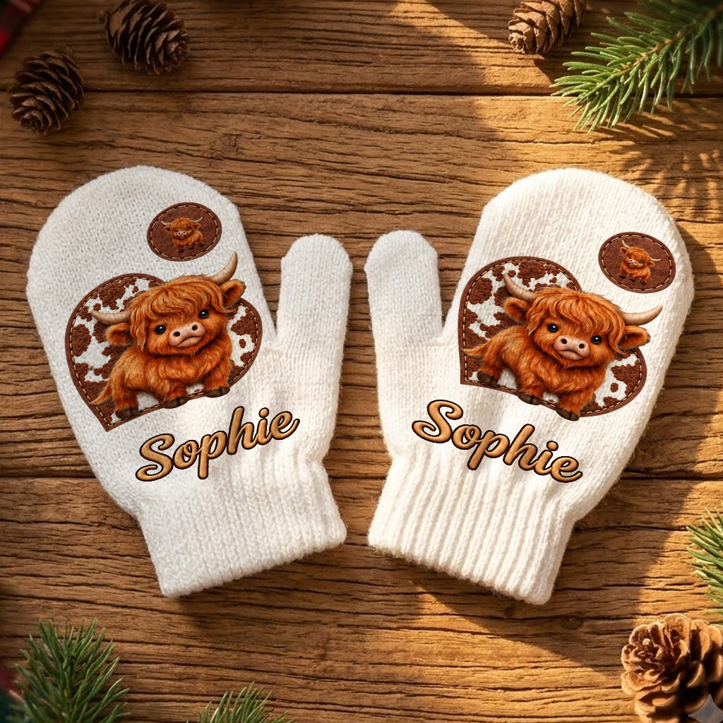 Cute Highland Cow - Personalized Highland Cow Beanie Hat & Knitted Mittens