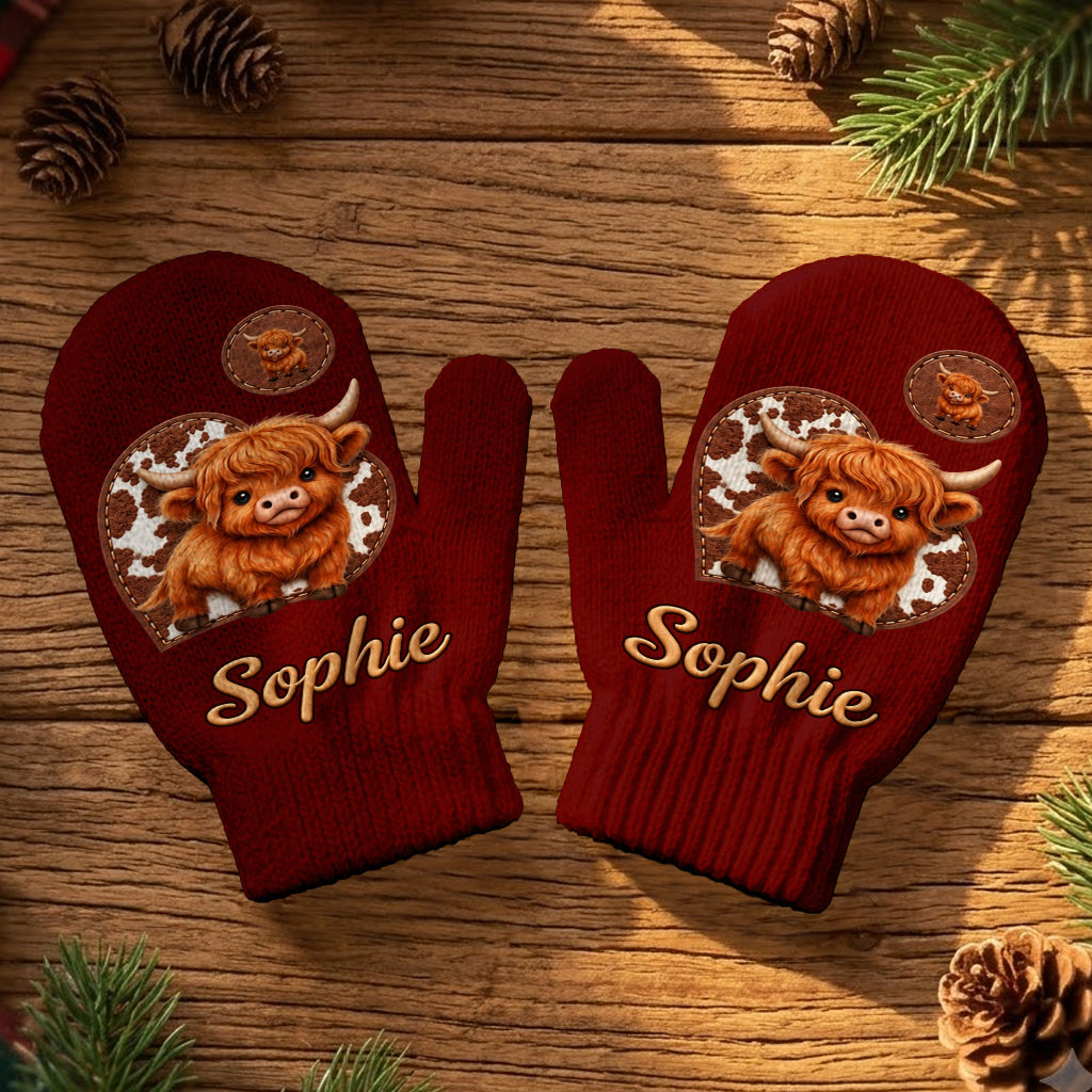 Cute Highland Cow - Personalized Highland Cow Beanie Hat & Knitted Mittens