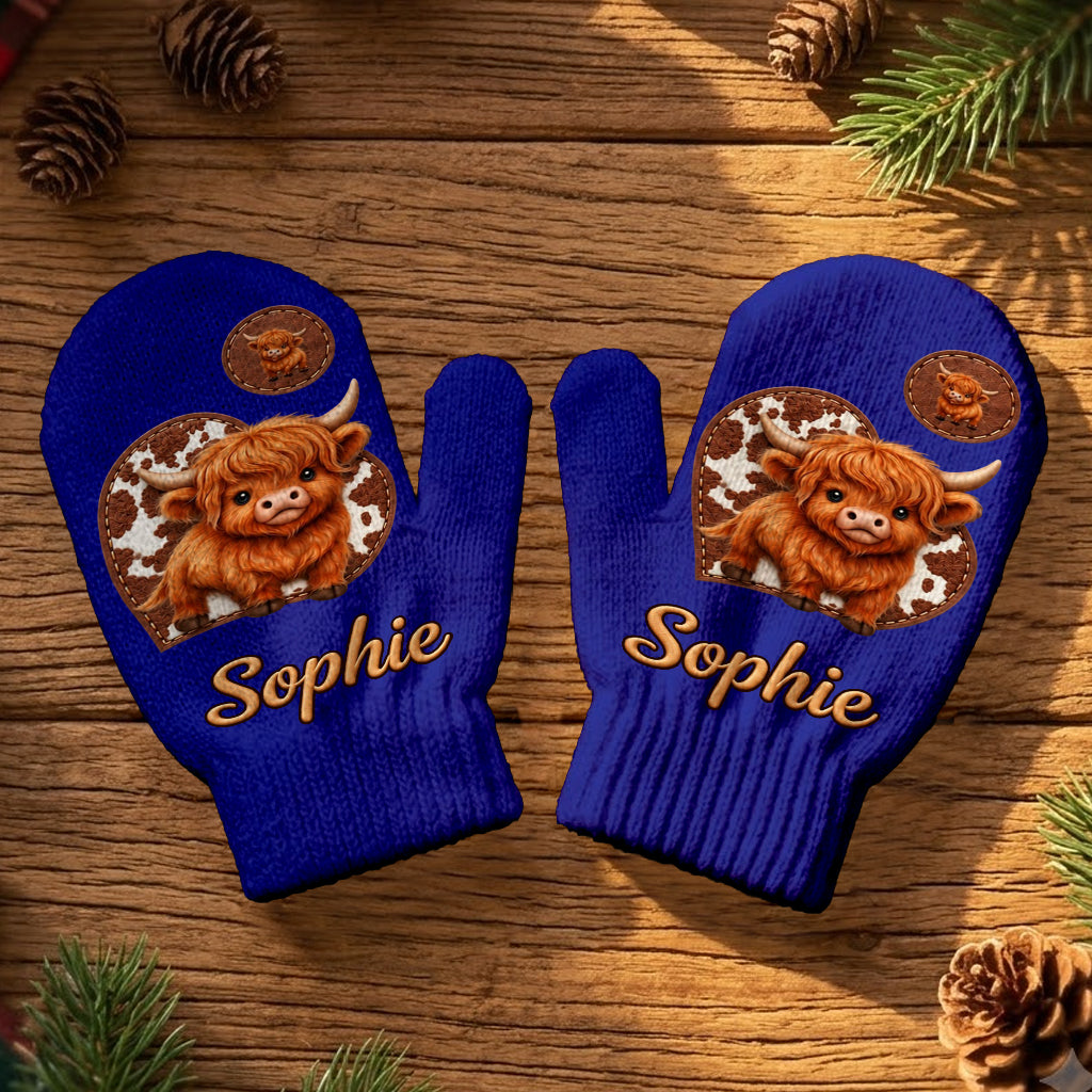 Cute Highland Cow - Personalized Highland Cow Beanie Hat & Knitted Mittens