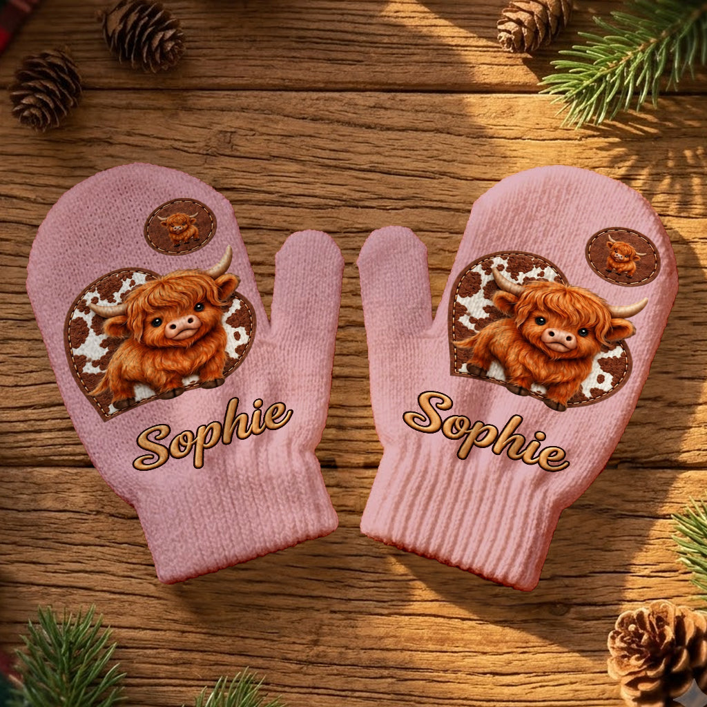 Cute Highland Cow - Personalized Highland Cow Beanie Hat & Knitted Mittens