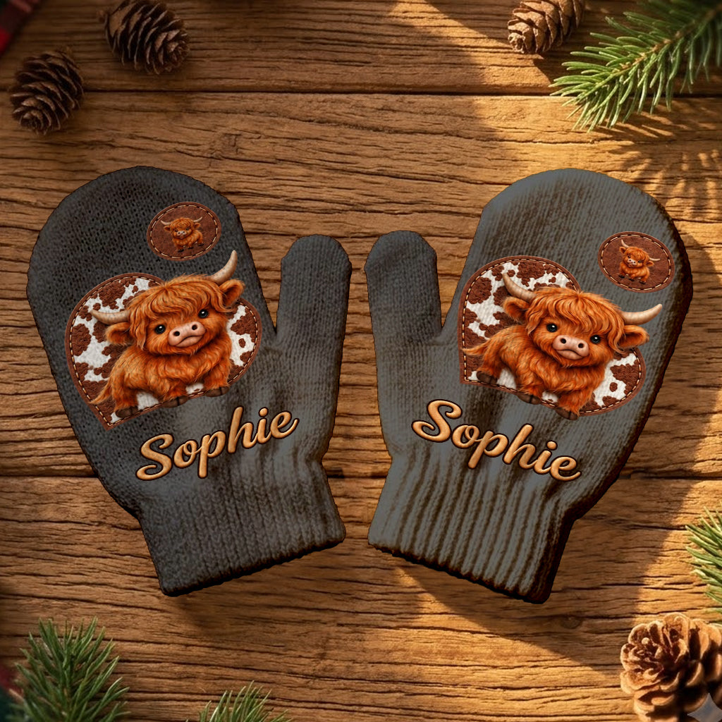 Cute Highland Cow - Personalized Highland Cow Beanie Hat & Knitted Mittens