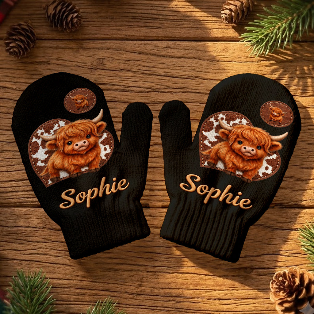 Cute Highland Cow - Personalized Highland Cow Beanie Hat & Knitted Mittens