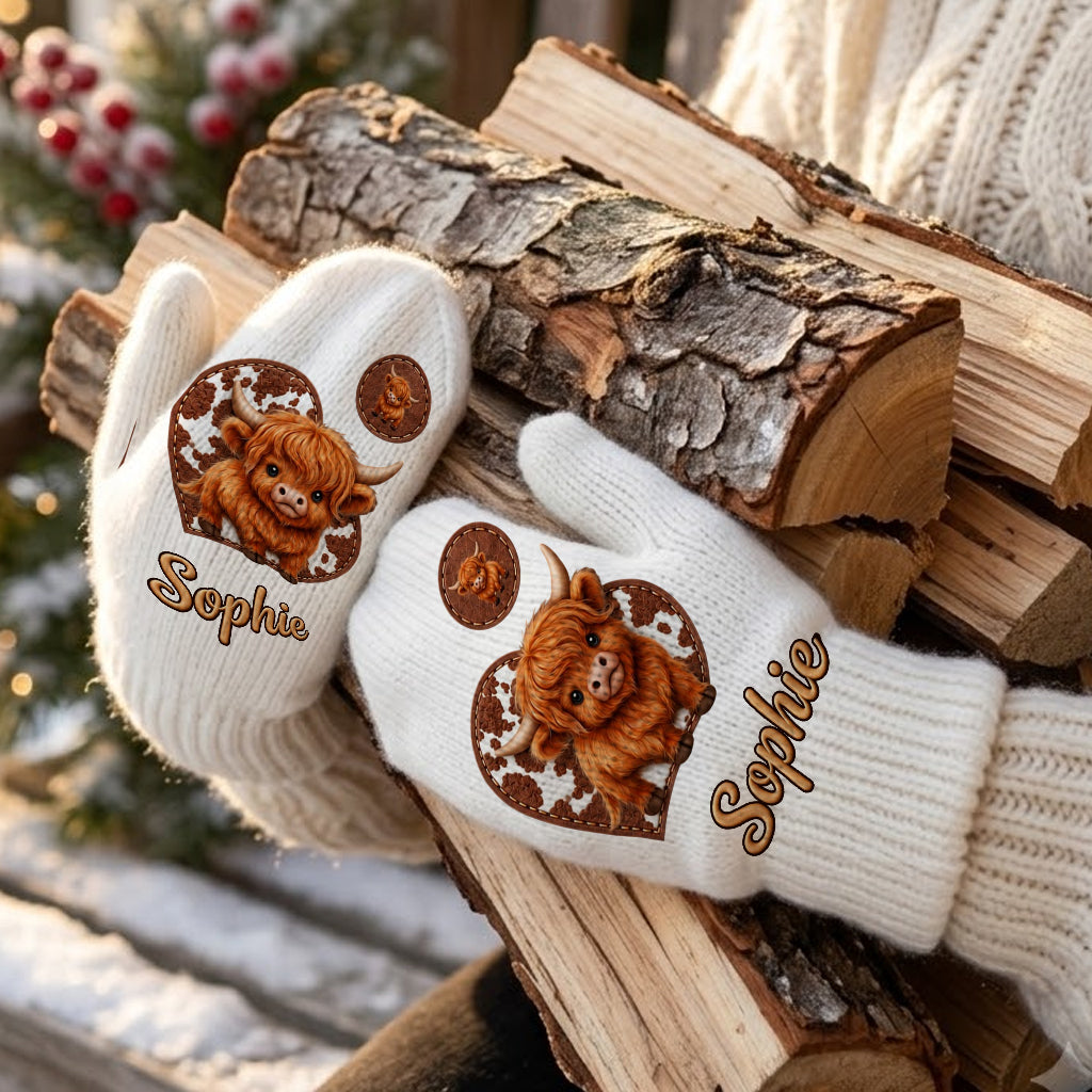 Cute Highland Cow - Personalized Highland Cow Beanie Hat & Knitted Mittens