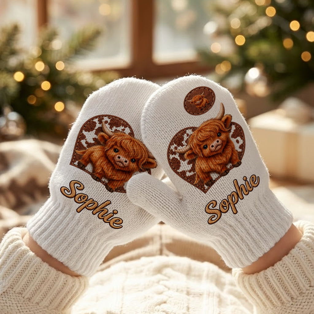 Cute Highland Cow - Personalized Highland Cow Beanie Hat & Knitted Mittens