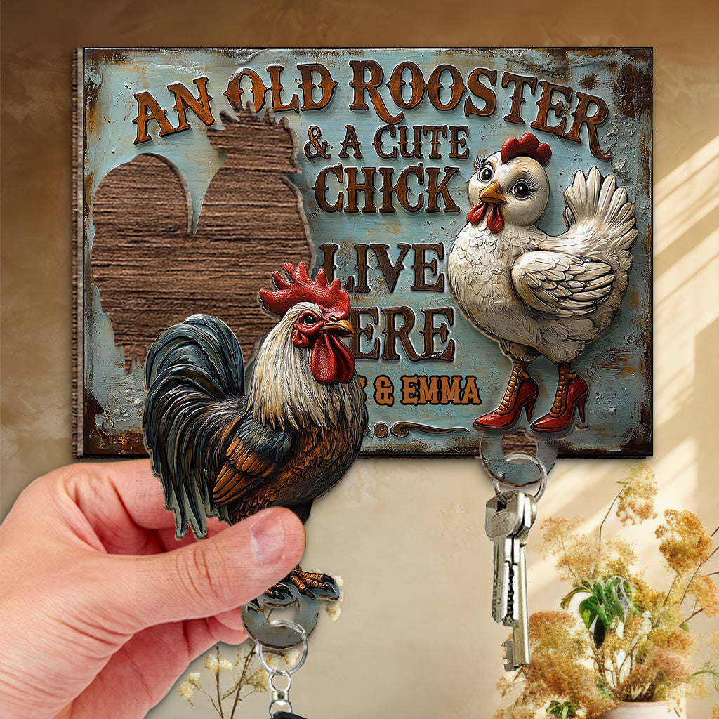An Old Rooster & A Cute Chick Live Here - Personalized Farmer Key Holder