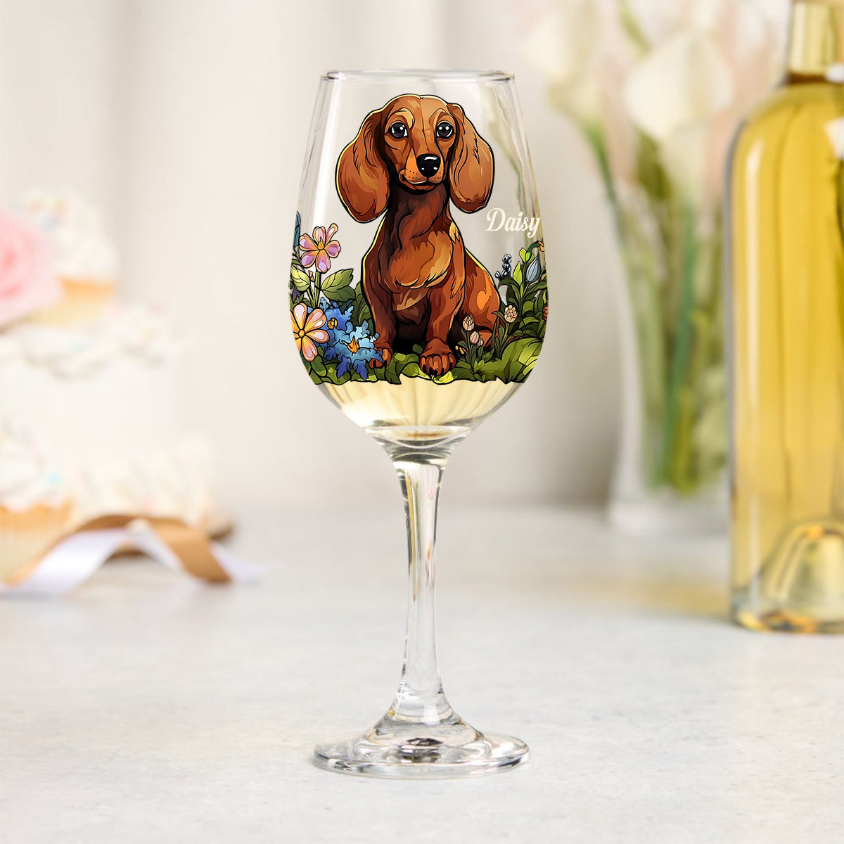 Custom Pet's Photo, Stained Glass Style - Personalized Dog Wine Glass With Long Stem