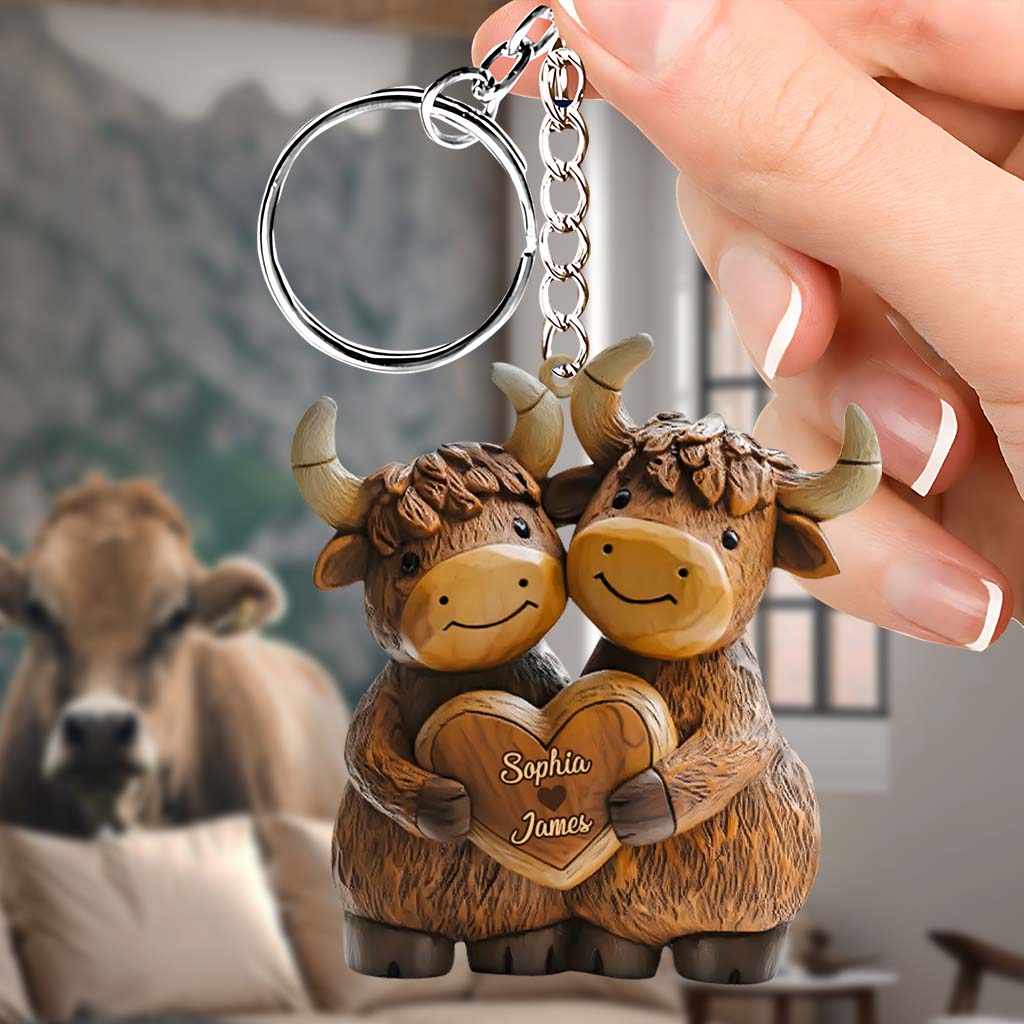 Cute Highland Cow Couple - Personalized Highland Cow Keychain