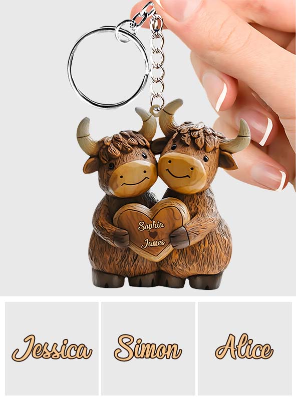 Cute Highland Cow Couple - Personalized Highland Cow Keychain