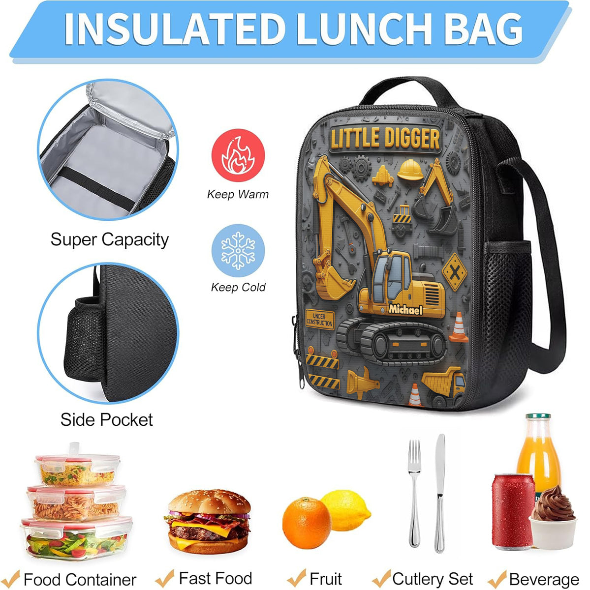 Littie Digger - Personalized Kid Backpack Lunch Bag Pencil Case Set