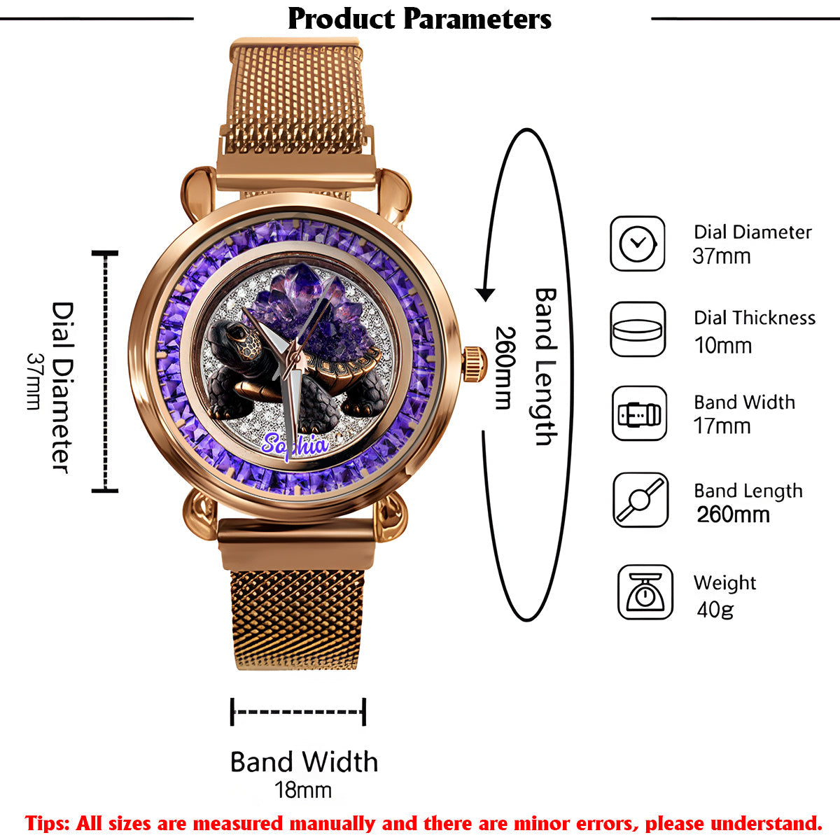 Amethyst/ Rose Quartz/ Ruby/... Style Turtle - Personalized Turtle Women Hand Watch