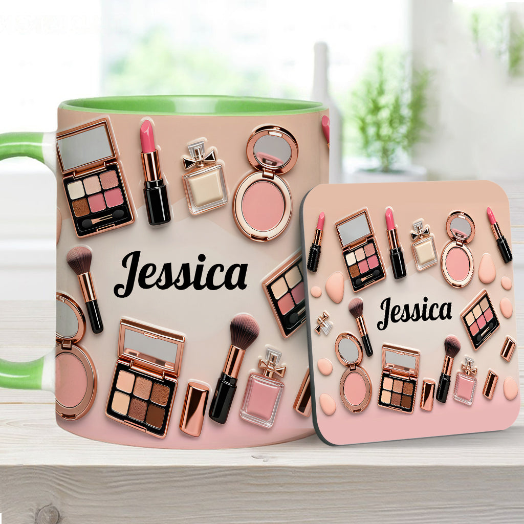 Visagistin – Personalisierte Tasse und Untersetzer mit Make-up-Akzenten