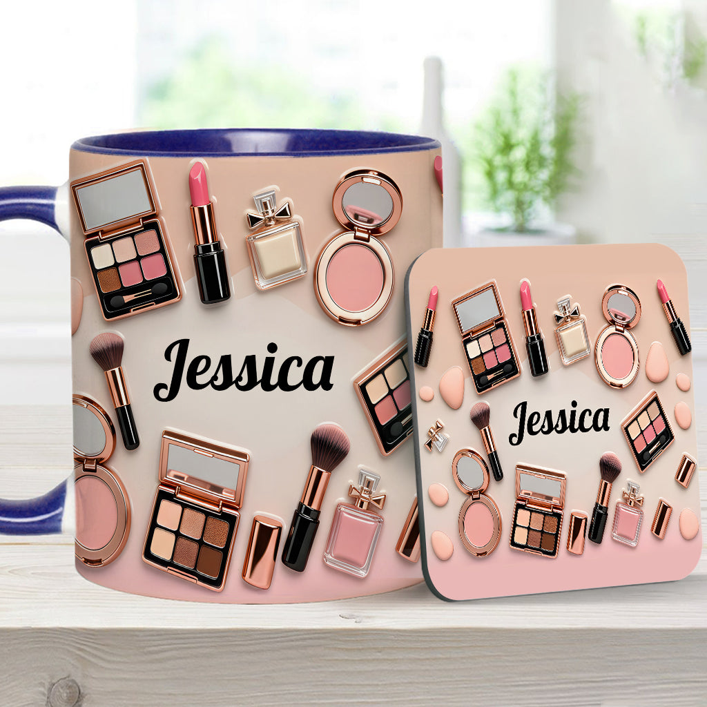 Visagistin – Personalisierte Tasse und Untersetzer mit Make-up-Akzenten