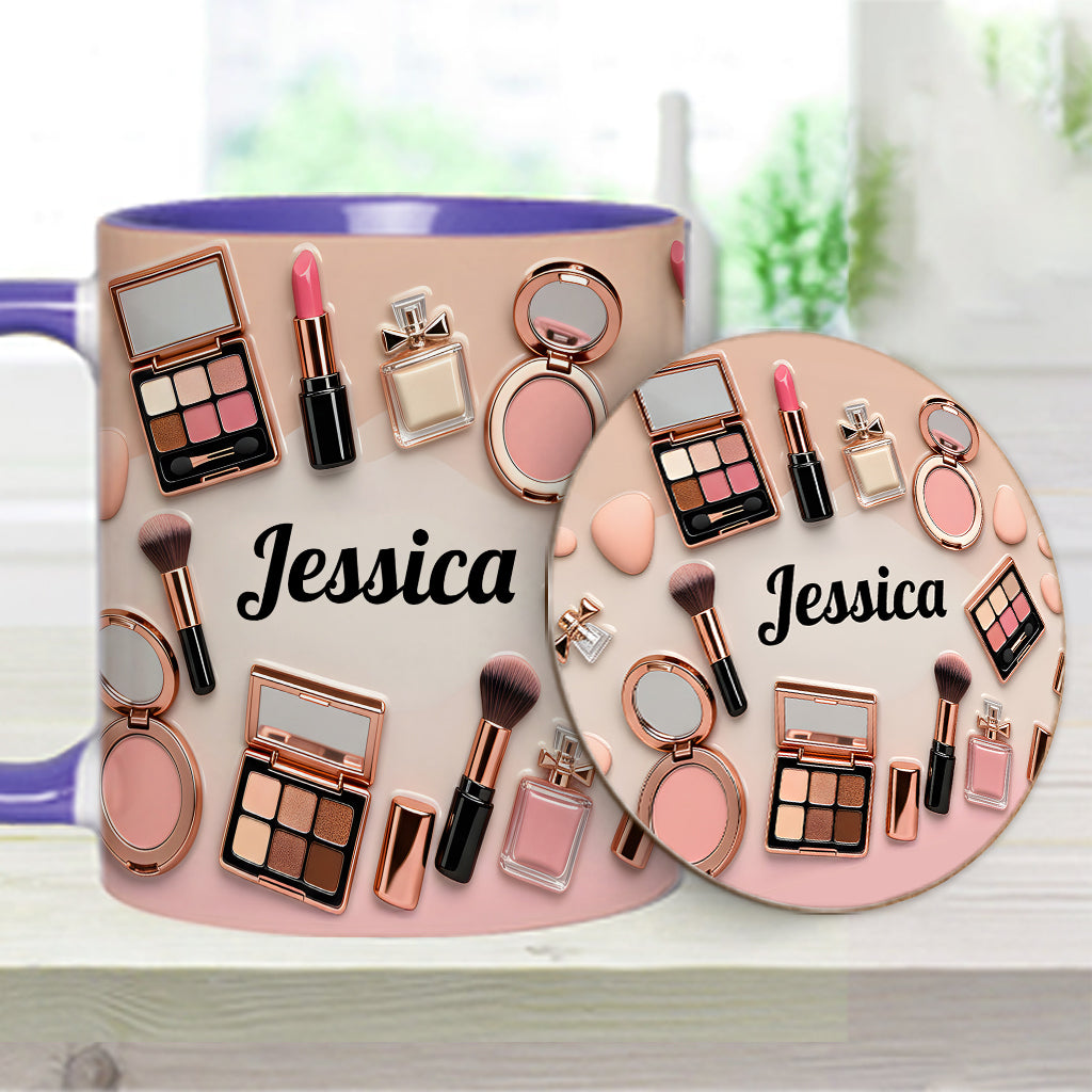Visagistin – Personalisierte Tasse und Untersetzer mit Make-up-Akzenten