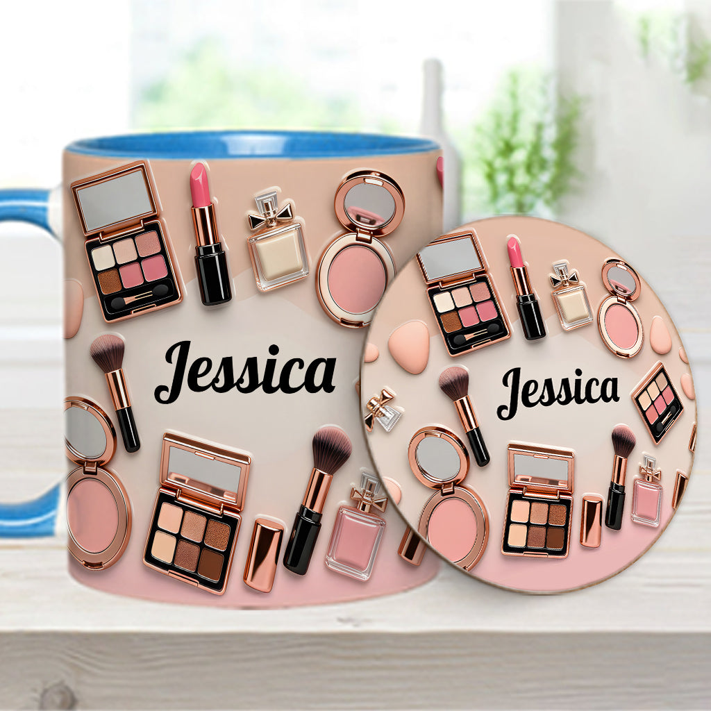 Visagistin – Personalisierte Tasse und Untersetzer mit Make-up-Akzenten