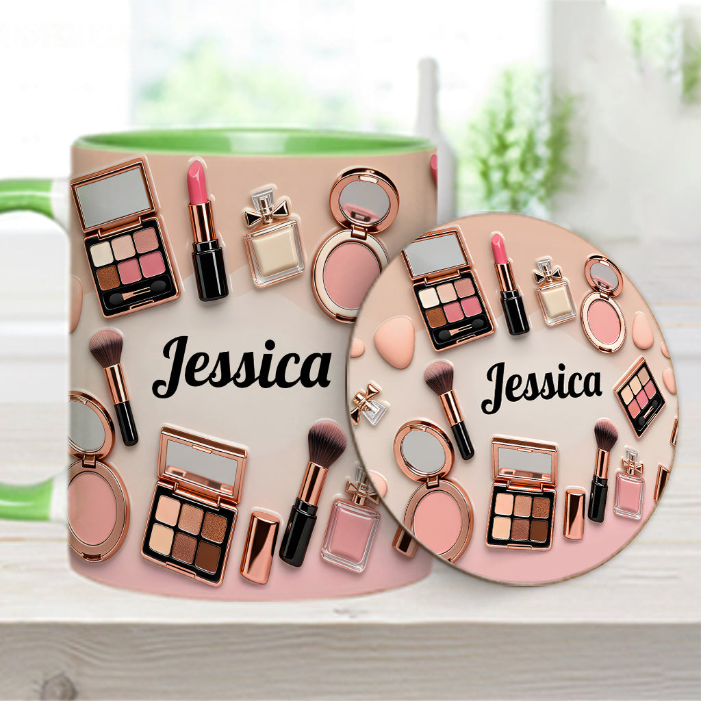 Visagistin – Personalisierte Tasse und Untersetzer mit Make-up-Akzenten