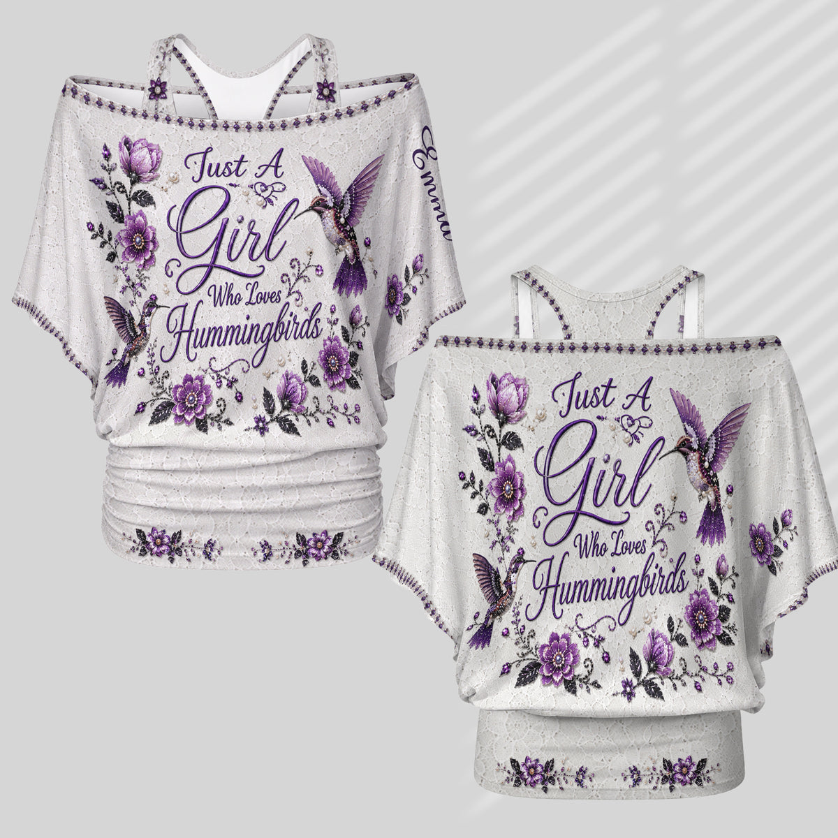 Just A Girl Who Loves Hummingbirds - Personalized Hummingbird Off-Shoulder Top Set