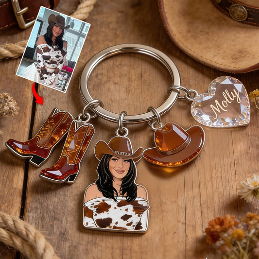 Custom Any Photo Cowgirl Style - Personalized Cowgirl Premium Keychain With Charms
