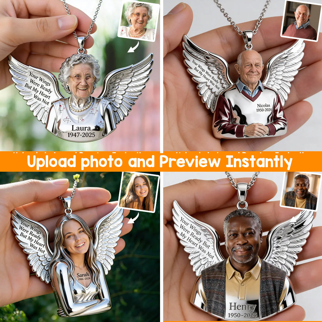 Your Wings Were Ready - Personalized Memorial Shaped Metal Pendant Necklace