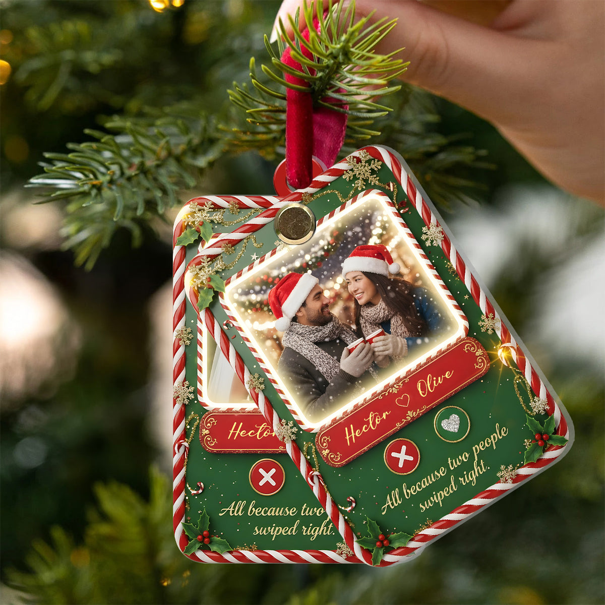 All Because Two People Swiped Right - Personalized Couple Flip Ornament