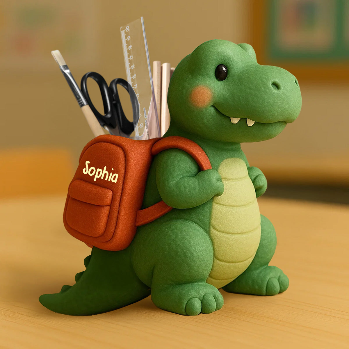 Playful Dinosaur Back To School Gift - Personalized Kid Wooden Pen Holder