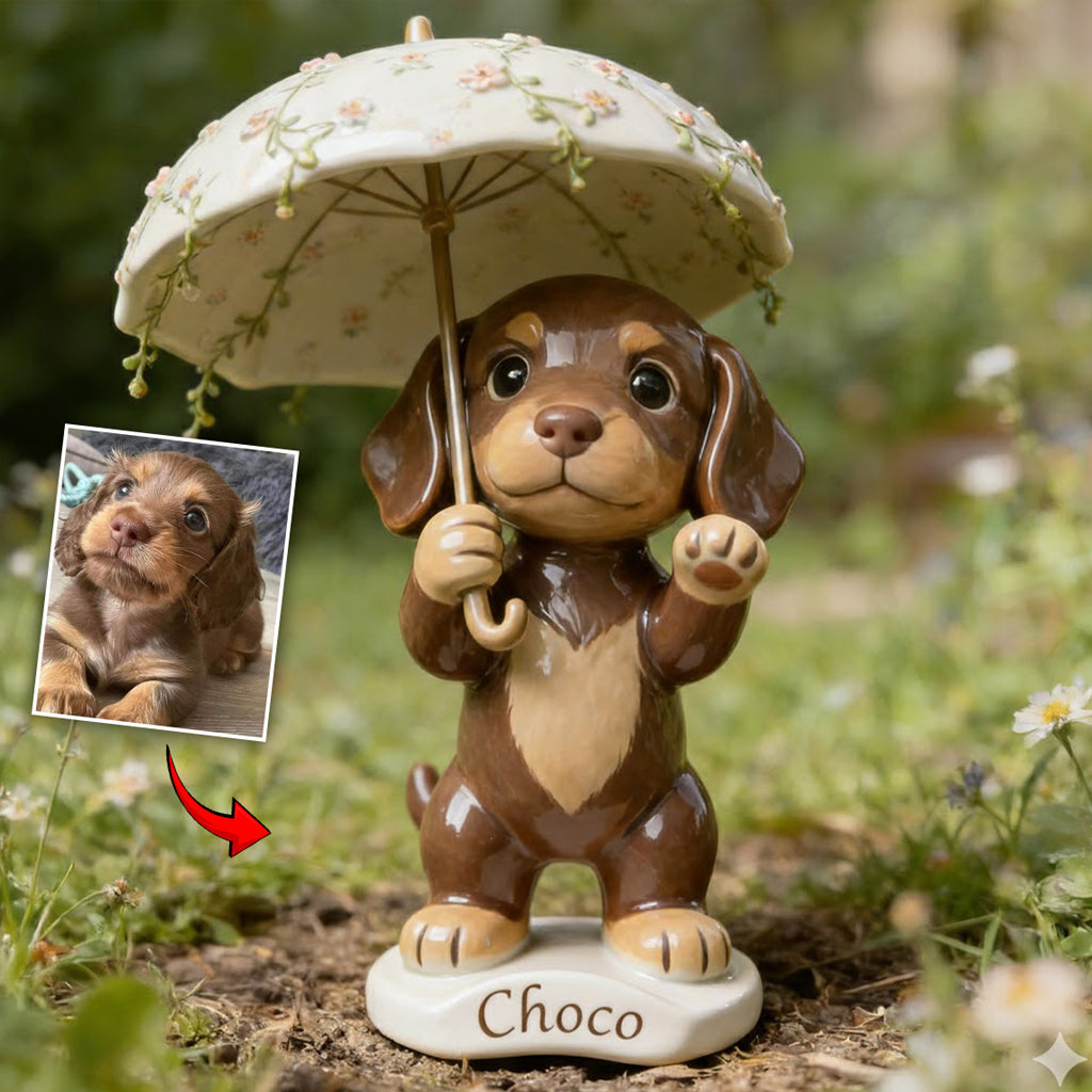 Individuell gestaltbare Gartendekoration mit Foto eines Hundes mit Regenschirm – personalisiertes Acryl-Gartenschild/Acryl-Plakette