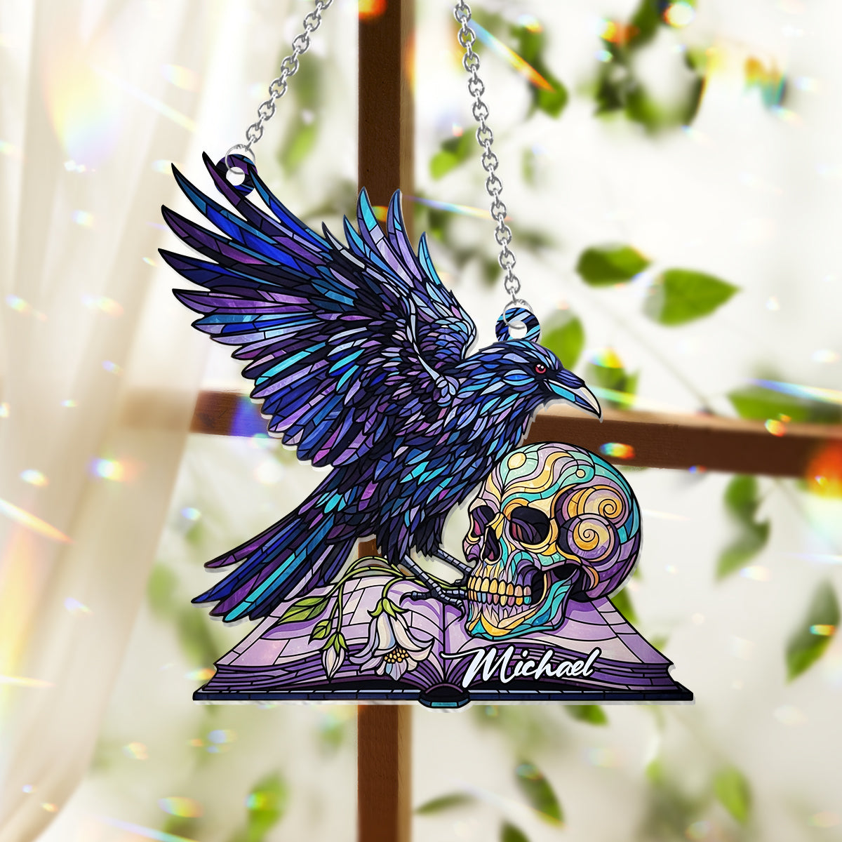 Magical Raven Skull - Personalized Skull Window Hanging Suncatcher Ornament
