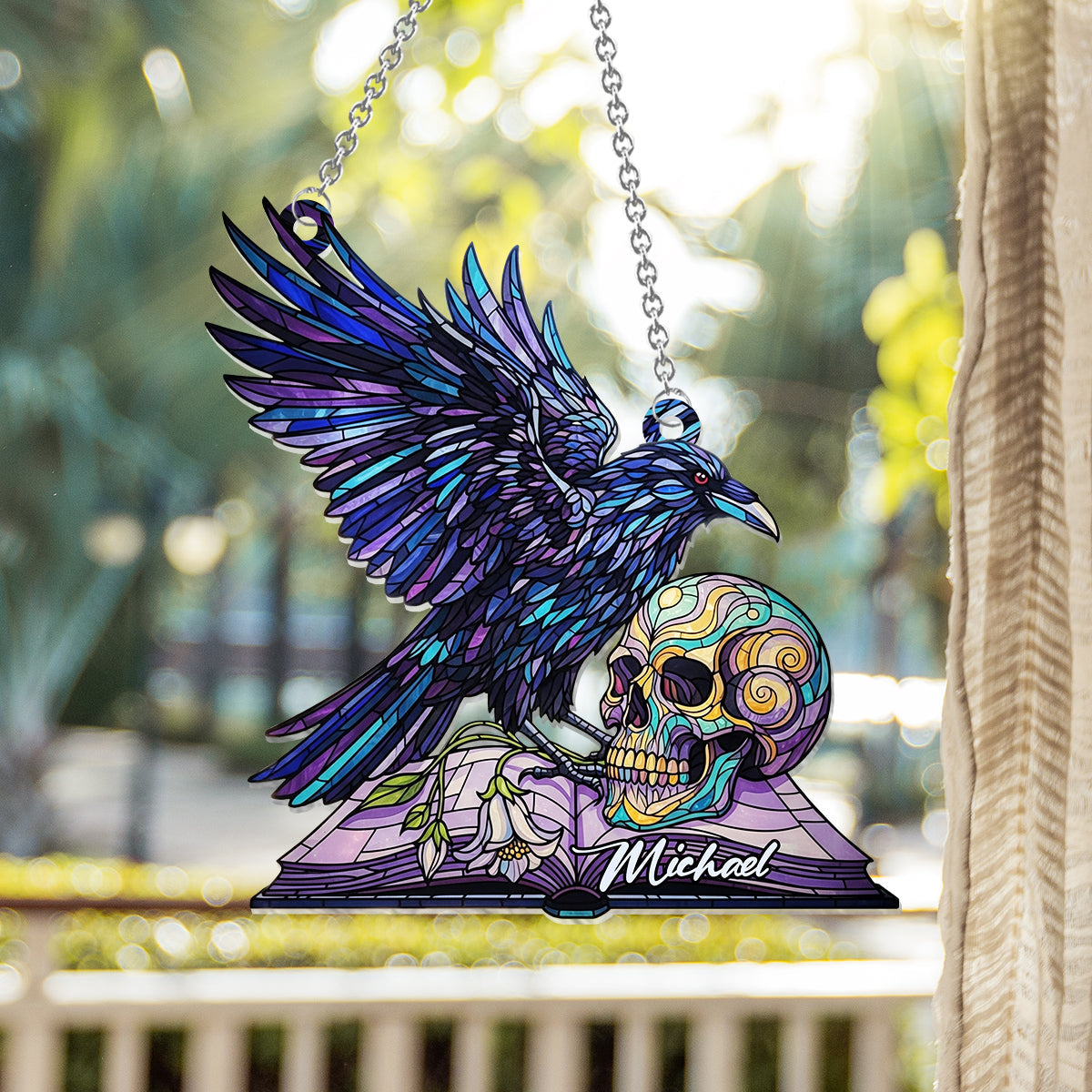 Magical Raven Skull - Personalized Skull Window Hanging Suncatcher Ornament