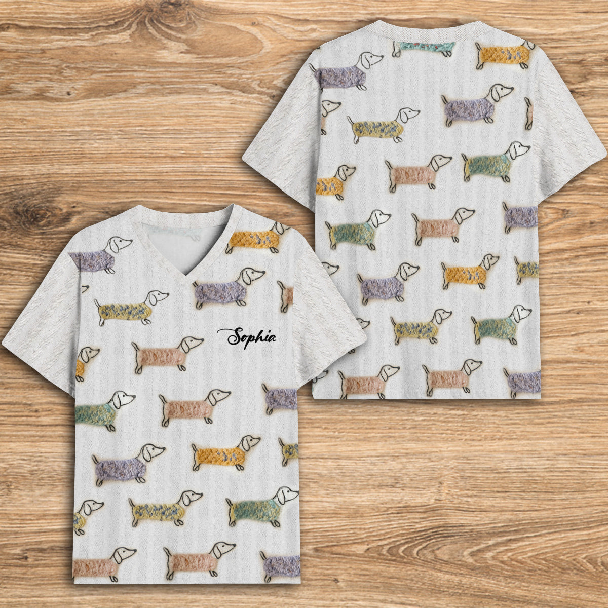 Adorables teckels - T-shirt à col en V entièrement imprimé avec un teckel personnalisé