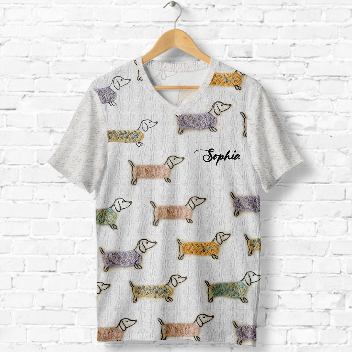 Adorables teckels - T-shirt à col en V entièrement imprimé avec un teckel personnalisé