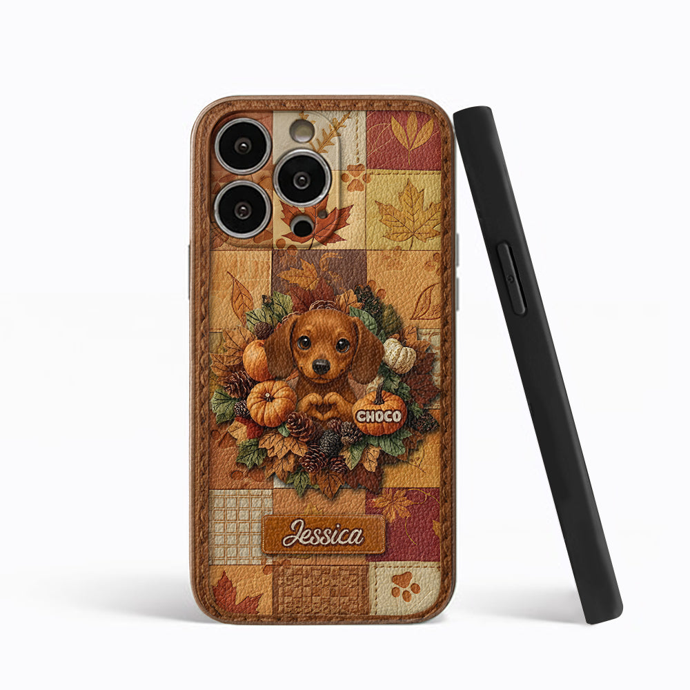 Willkommen Herbst – Personalisierte Handyhülle aus Leder mit Hundemotiv