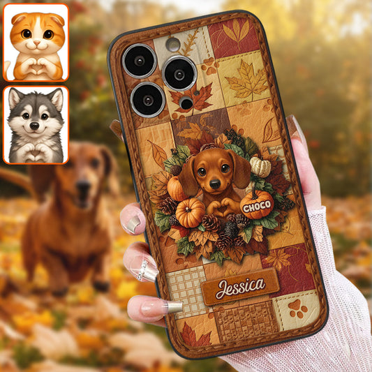 Welcome Fall - Personalized Dog Leather Phone Case