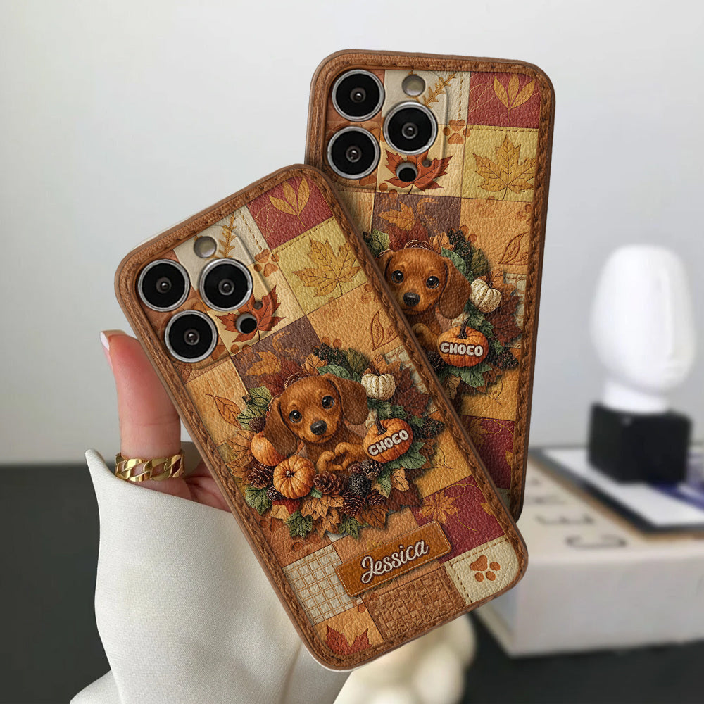 Willkommen Herbst – Personalisierte Handyhülle aus Leder mit Hundemotiv