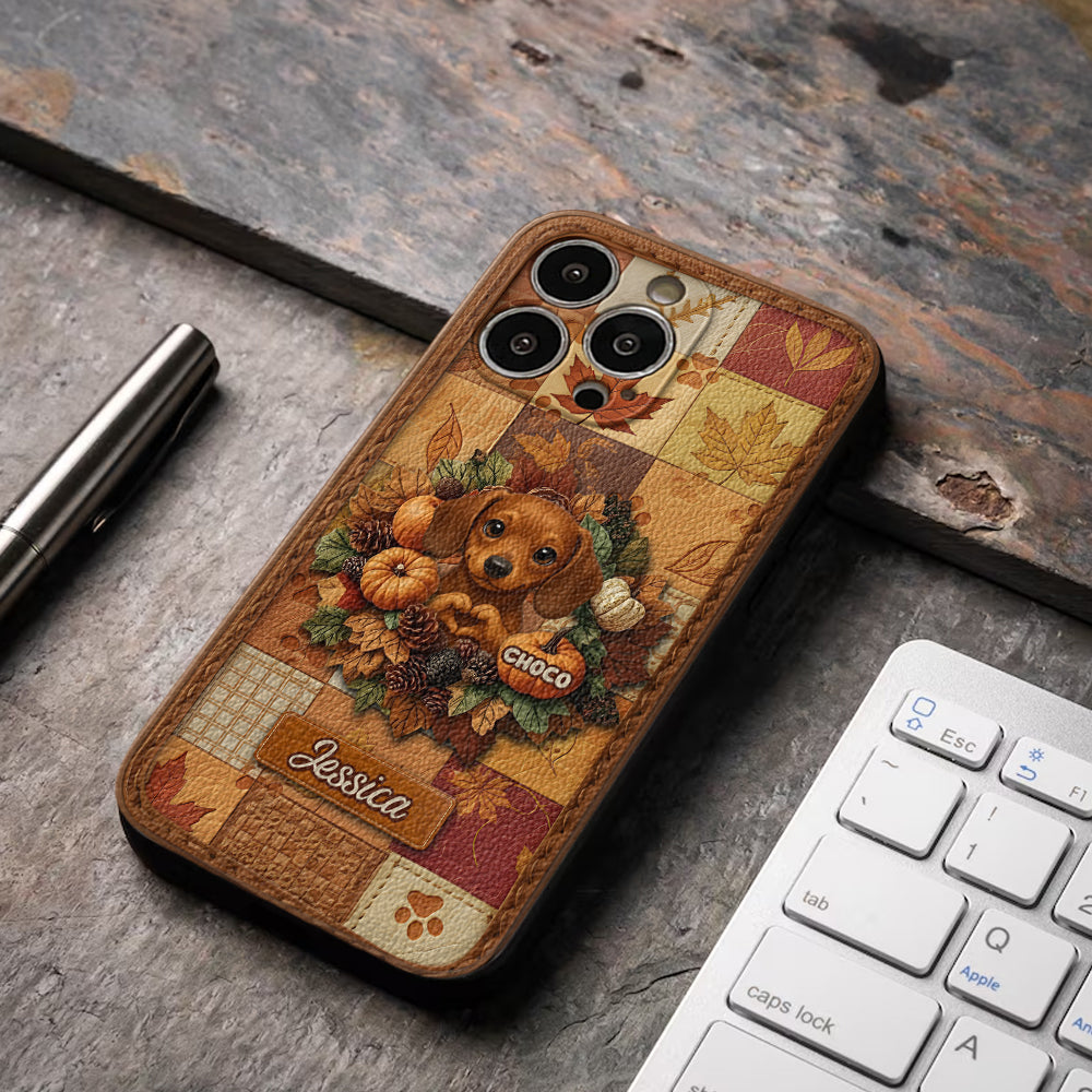 Willkommen Herbst – Personalisierte Handyhülle aus Leder mit Hundemotiv