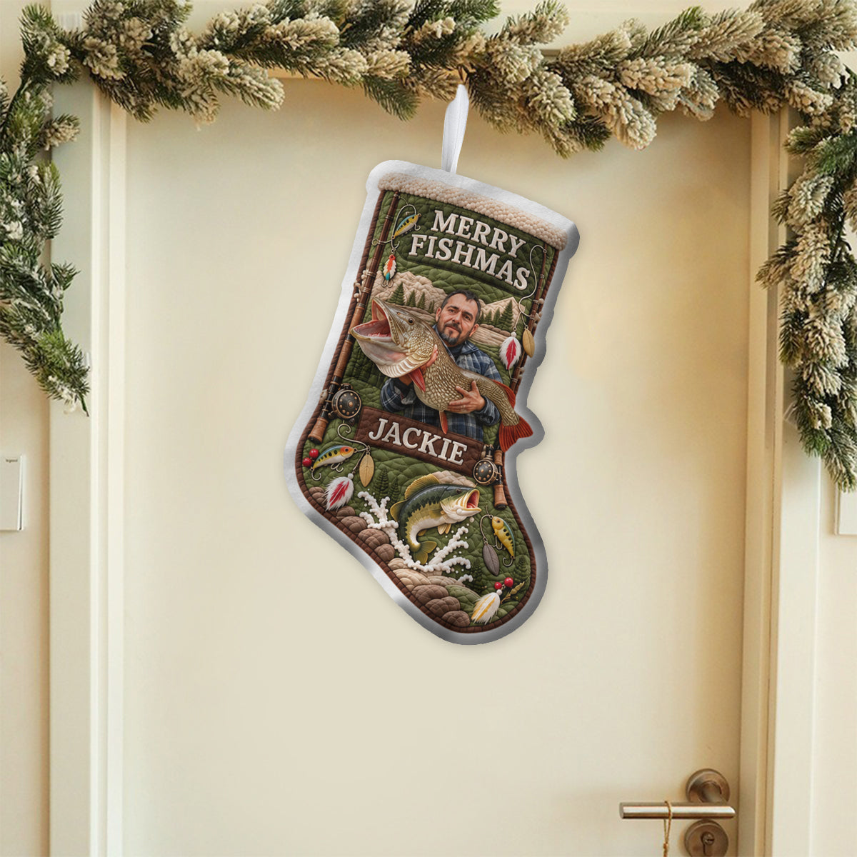 Frohe Fischmas Weihnachtsgeschenk für Angelliebhaber - Personalisierte Weihnachtsstrumpf mit Hänger