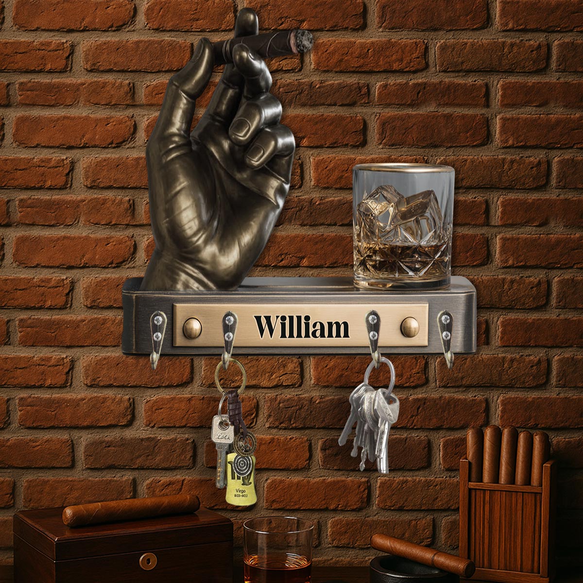 Whisky et cigares - Présentoir suspendu personnalisé pour whisky et cigares.