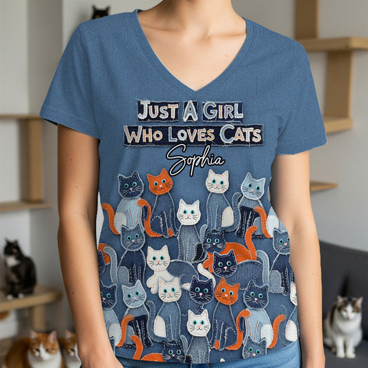 Just A Girl Who Loves Cats - Personalized Cat Fully Printed V-Neck T-Shirt