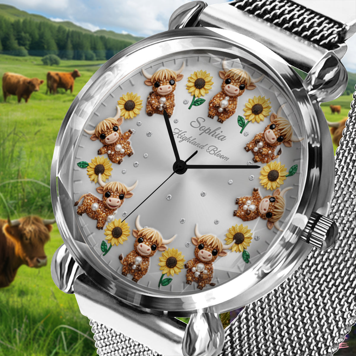 Sunflower & Cow - Personalized Highland Cow Women Hand Watch