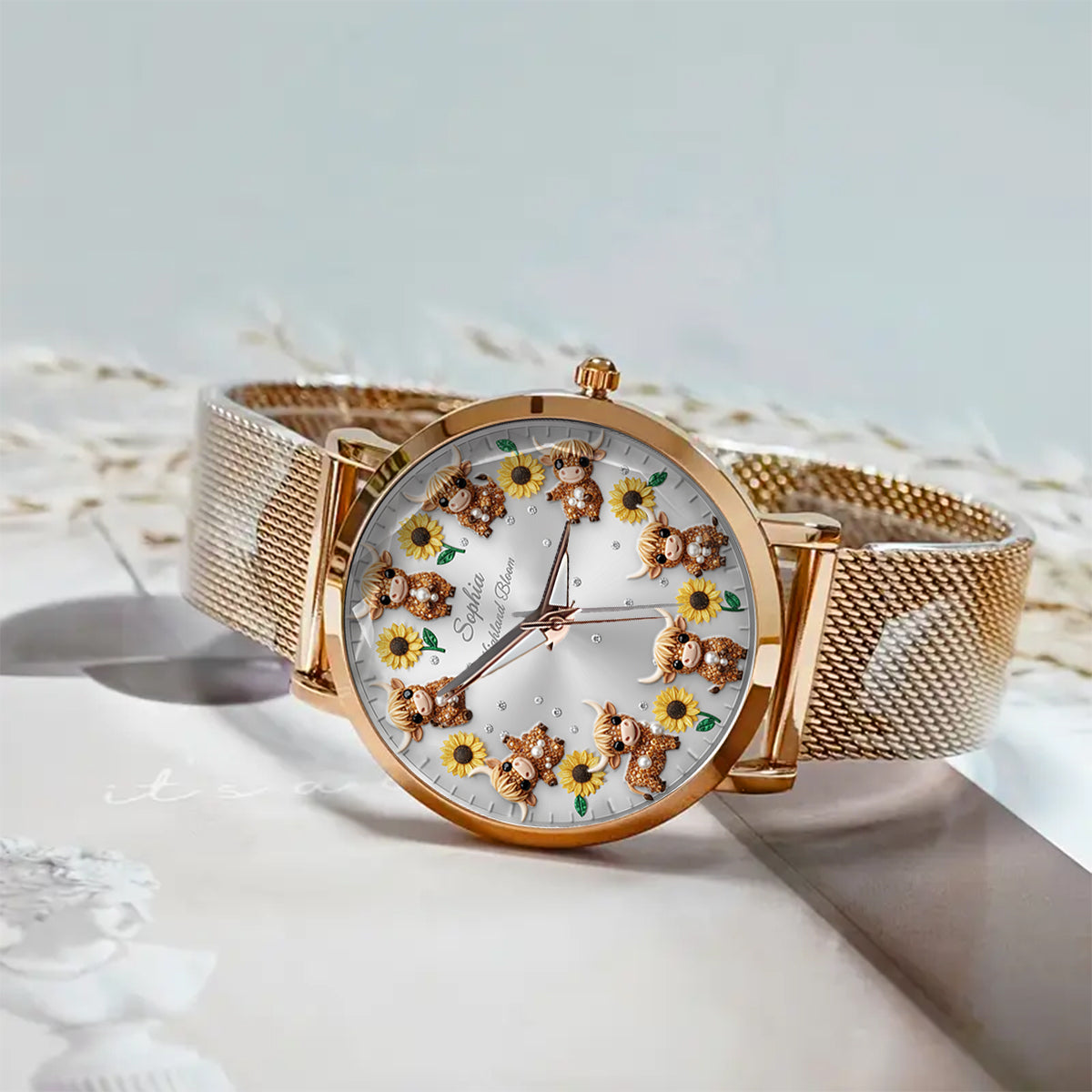 Sunflower & Cow - Personalized Highland Cow Women Hand Watch