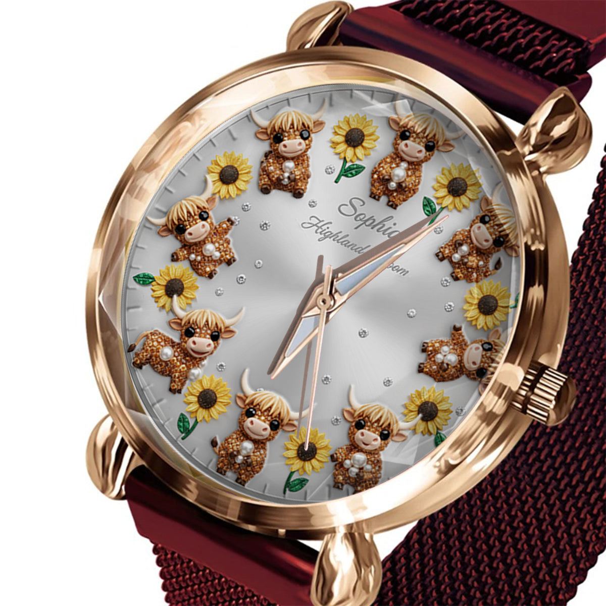 Sunflower & Cow - Personalized Highland Cow Women Hand Watch