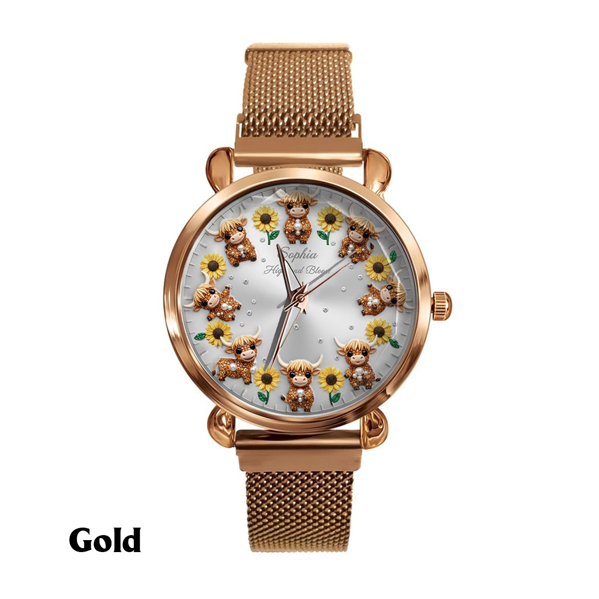 Sunflower & Cow - Personalized Highland Cow Women Hand Watch
