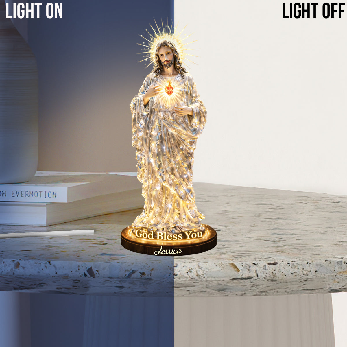 Sacré-Cœur de Jésus, que Dieu vous bénisse - Veilleuse LED chrétienne personnalisée en acrylique