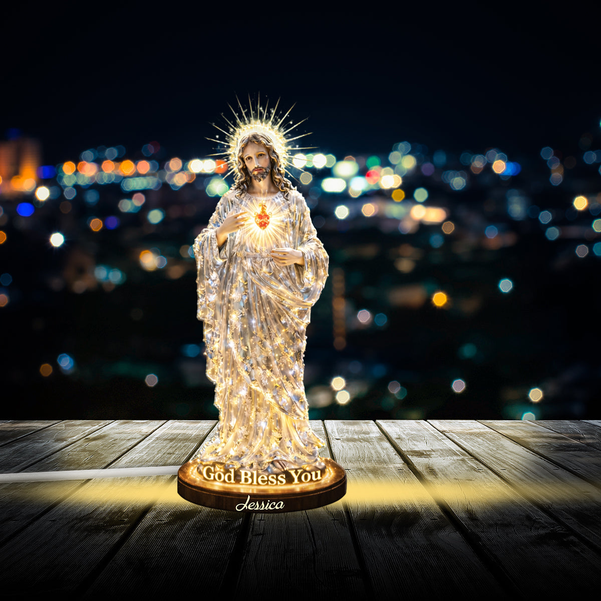 Sacré-Cœur de Jésus, que Dieu vous bénisse - Veilleuse LED chrétienne personnalisée en acrylique
