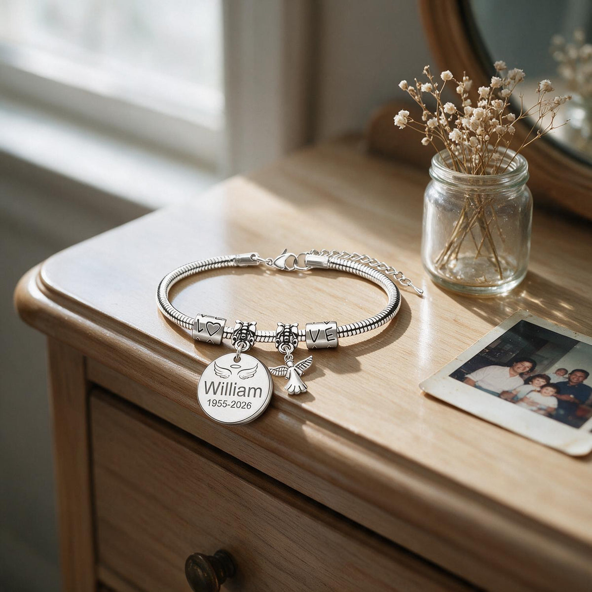 Personalized Angel Wing Memorial Charm Bracelet, Custom Name & Date Sympathy Gift