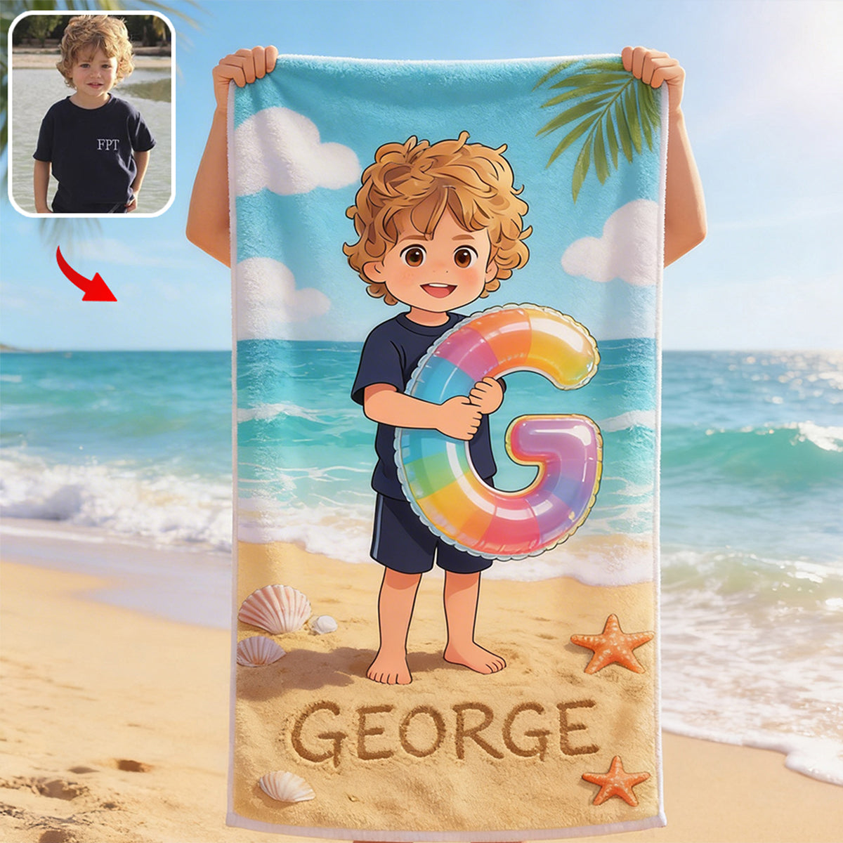 Kid Initial Custom From Any Photo - Personalized Kid Quick-dry Beach Towel/ Bath Towel