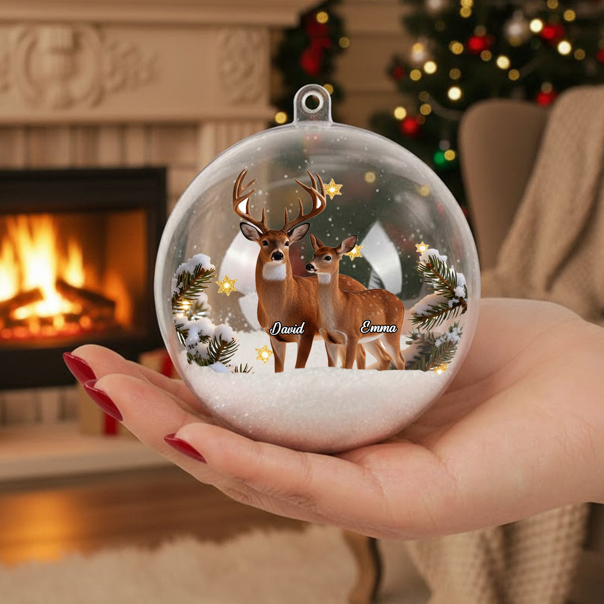 Couple Gifts Buck And Doe - Personalized Couple Snow Globe Ornament With Bow