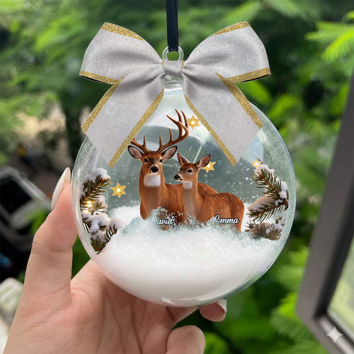 Couple Gifts Buck And Doe - Personalized Couple Snow Globe Ornament With Bow