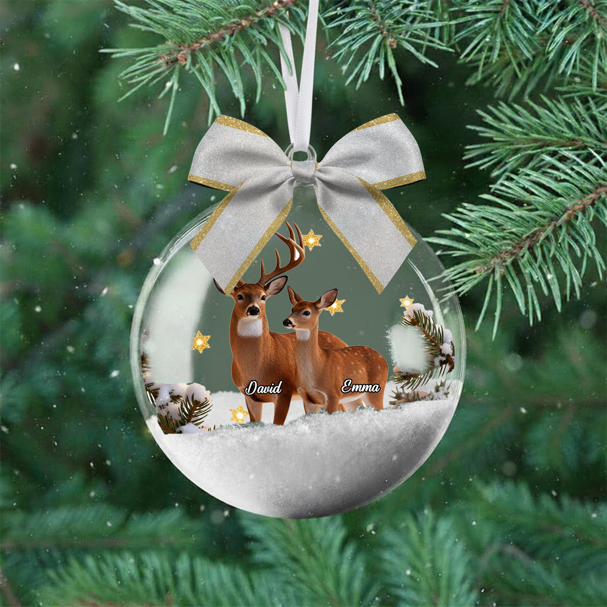 Couple Gifts Buck And Doe - Personalized Couple Snow Globe Ornament With Bow