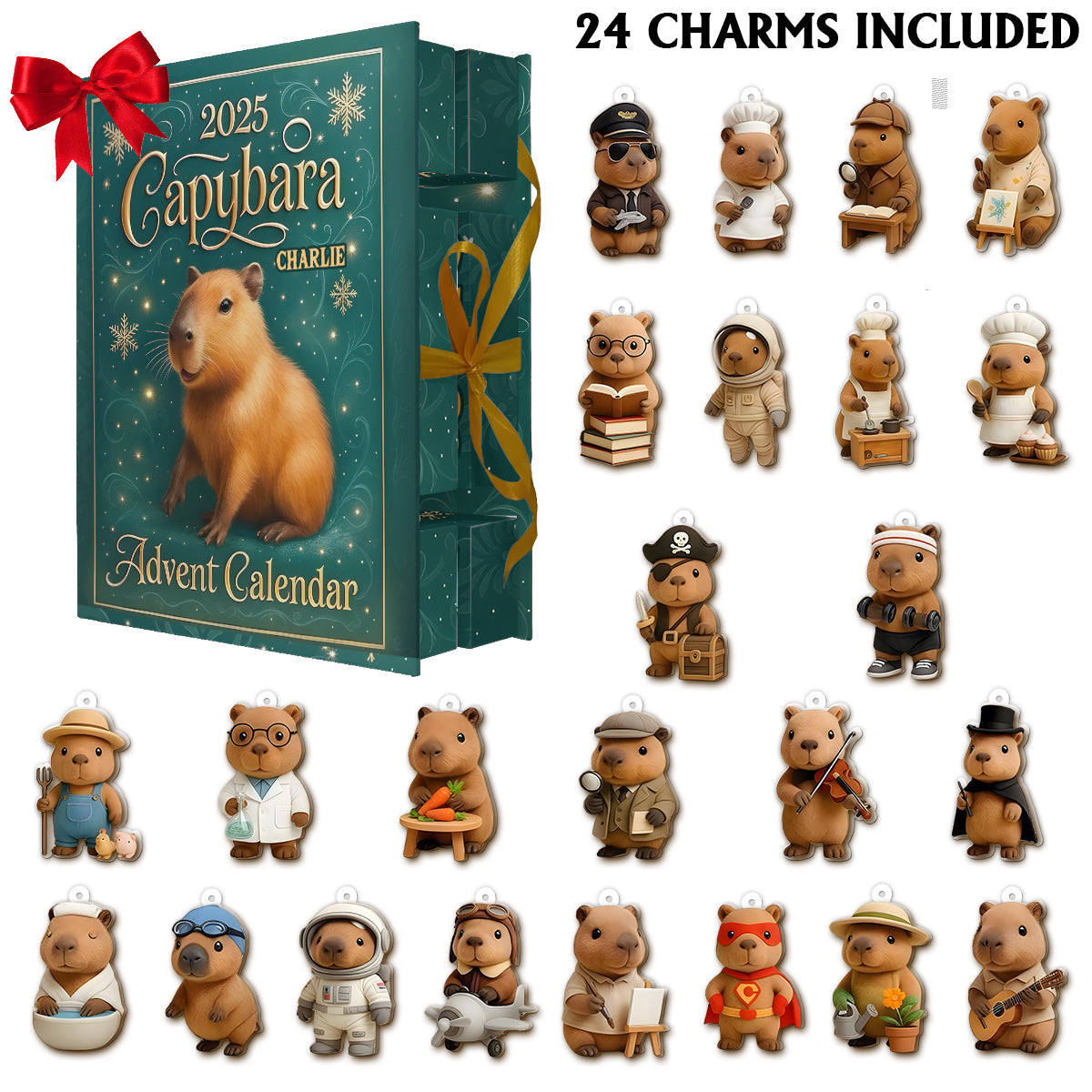 Calendrier de l'Avent pliable avec décorations, motif Capybara mignon, Noël 2025 - Animaux rongeurs (capybara, castor, hamster, cochon d'Inde)